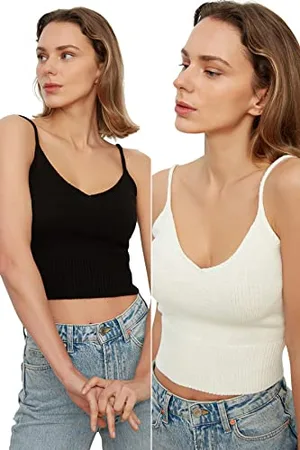 Trendyol Damen Masche gedetailleerde kleerhanger crop gebreide Blouse, , L EU