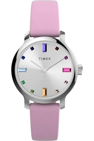 Timex Trend Damen-Armbanduhr, 31 mm, lila, zweiteiliges Lederarmband mit Schnellverschluss, silberfarbenes Zifferblatt, silberfarbenes Gehäuse TW2W84800