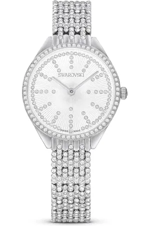Swarovski Attract Uhr, Edelstahl Damenuhr mit Silberfarbenem Gehäuse und Zifferblatt, Kristallen und Metallarmband