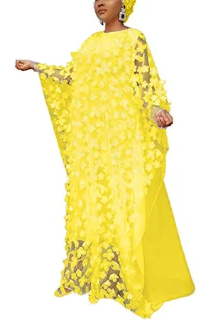 HD Collection Damen-Kleid mit Blumen-Applikationen im afrikanischen Stil, U-Boot-Ausschnitt, Chiffon-Kaftan, Einheitsgröße, , Einheitsgröße