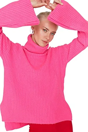 Trendyol Damen Turtleneck Jumper, Plain, Oversize Sweatshirt, Fuchsia, S EU