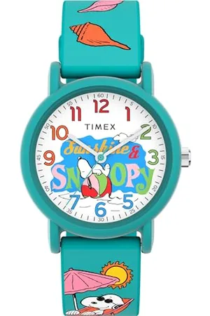 Timex Peanuts Just Beachy Armbanduhr, Unisex, 36 mm, grünes Silikonarmband, weißes Zifferblatt, grünes Gehäuse TW2V78500