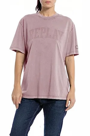 Replay Damen T-Shirt Kurzarm aus Baumwolle mit Logo, (Rosa), L