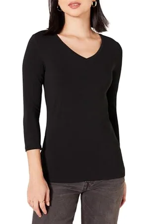 Amazon Damen T-Shirt Mit V-Ausschnitt Und 3/4-Ärmeln, Klassischer Schnitt (Erhältlich In Übergröße), , XS