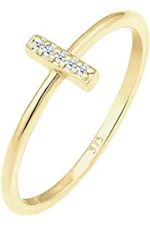 Elli Ring Damen Kreuz Motiv Schlicht mit Diamant (0.05 ct.) aus 375 Gelbgold