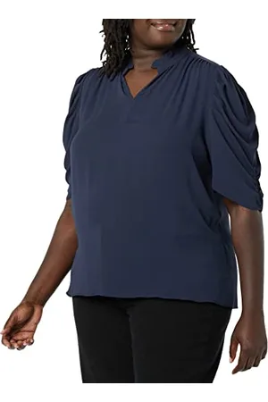 Amazon Damen Leichte, gewebte Georgette-Bluse mit halben Ärmeln und Rüschenausschnitt, , M