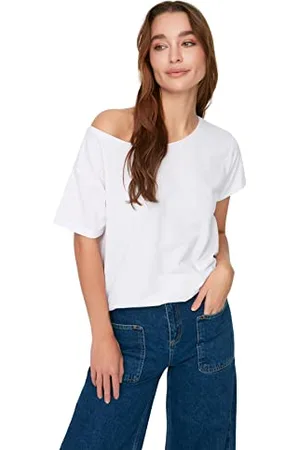 Trendyol Damen Damen Basics Boyfriend Basic Asymmetrischer Kragen Knit T-shirt T-Shirt Lässig, , L