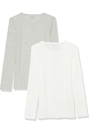 Amazon Damen Schmal geschnittenes Oberteil mit Langen Ärmeln und Rundhalsausschnitt aus Rippstrick (in Übergröße erhältlich), 2er-Pack, , XXL
