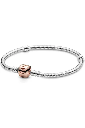 PANDORA Moments Schlangen-Gliederarmband mit Zylinderverschluss aus Sterling-Silber und rosévergoldeter Metalllegierung, kompatibel mit Charms und Anhängern aus der Moments Kollektion 17cm