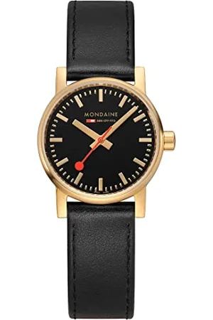 Mondaine Evo2 MSE.30120.LB - Damen Uhr 30mm - Bahnhofsuhr in Gold mit schwarzem Lederarmband - 30m Wasserdicht Saphirglas - Hergestellt in der Schweiz