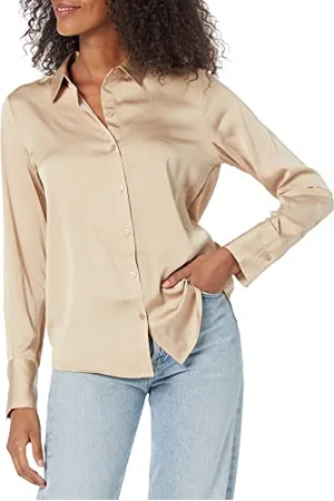 Amazon Damen Satin-Bluse mit Knopfleiste in klassischer Passform (in Übergröße erhältlich), , 6XL Große Größen