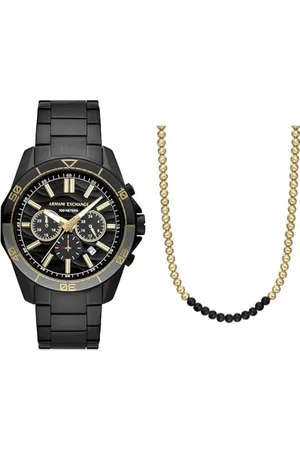 Armani Exchange Herren Schwarze Edelstahl-Uhr und Gold-Ton Halskette, Set