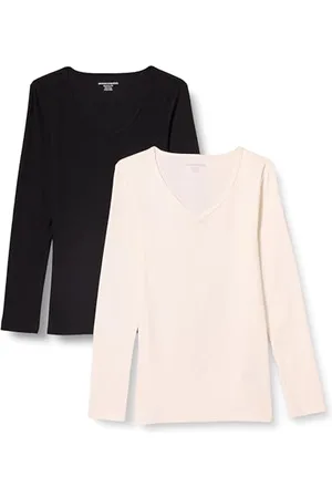 Amazon Damen Langärmliges Rippstrick-Lagen-Top mit V-Ausschnitt in schmaler Passform (erhältlich in Übergröße), 2er-Pack, , XS