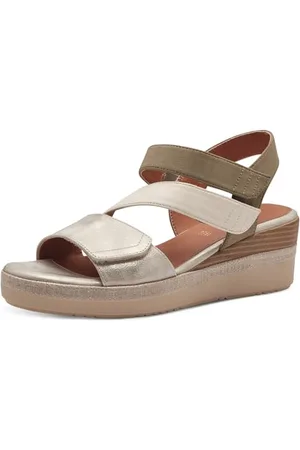 Jana Damen Sandalen mit Keilabsatz mit Klettverschluss Vegan, Mehrfarbig (Beige/Sage), 36 EU