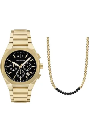 Armani Exchange Herren Gold-Ton Edelstahl-Uhr und Halskette, Set
