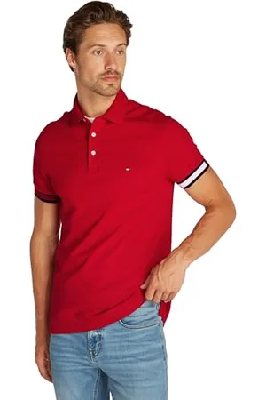 Tommy Hilfiger Herren Poloshirt Kurzarm Flag Cuff Slim Fit, Mehrfarbig (Medium Red), XXL