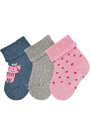 Sterntaler Baby Mädchen Baby Socken Söckchen 3er-Pack Katze Strümpfe meliert - Socken Baby - mit Katze Motiv, uni und Tupfen - tintenblau, 18