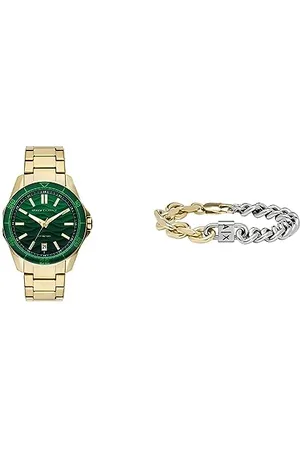 Armani Exchange Herrenuhr und Kettenarmband - Dreizeiger-Datumsanzeige, Goldfarbene Edelstahluhr und zweifarbiges Edelstahlarmband