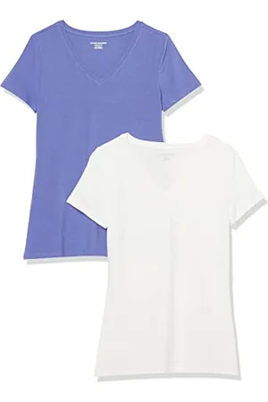 Amazon Damen Kurzärmeliges T-Shirt mit V-Ausschnitt, Klassischer Schnitt, 2er-Pack, , XS