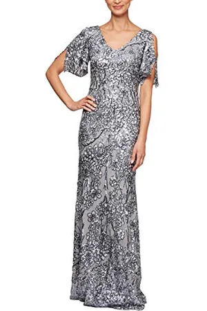 ALEX Damen Long Mother of The Bride Sequin Dress with Cold Shoulder Flutter Sleeves (Petite and Regular Sizes) Formales Abendkleid, , 38 Zierlich