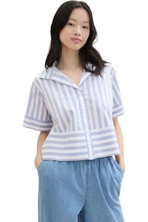 TOM TAILOR Damen Boxy Fit Resort Shirt mit Streifen, mid blue white stripe, M