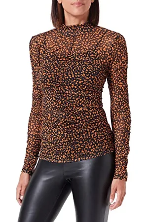 HUGO BOSS Damen Dikarau Top aus elastischem Mesh mit Stehkragen und Rüschen-Details Gemustert XS