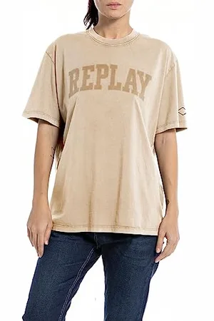 Replay Damen T-Shirt Kurzarm aus Baumwolle mit Logo, (Beige), M