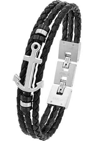 QS by s.Oliver Armband für Herren Anker, Leder / Edelstahl, IP Schwarz, Länge: 20-21,5 cm