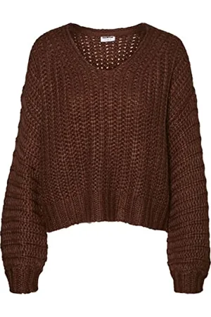 Noisy May Damen Kurzer Strickpullover | Knitted Basic Stretch Sweater | Langarm V-Neck Shirt NMSTEVE, Farben:Dunkelbraun, Größe:34