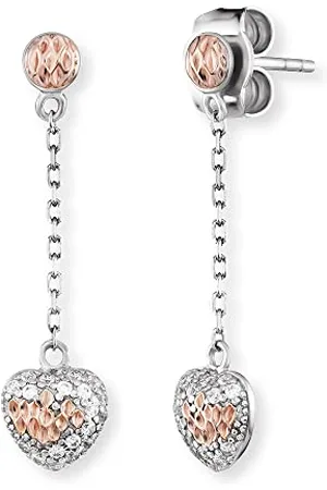 Engelsrufer Damen Ohrhänger Bicolor aus Sterling Silber in silber und roségold mit Herz Anhänger - Steckverschluss - besetzt mit 38 Zirkonia Steinen - nickelfrei - 31mm