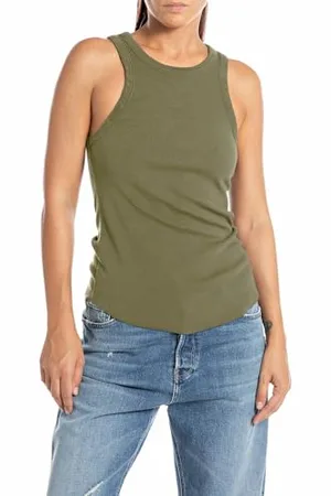 Replay Damen Tank Top Höher geschnitten, (Grün), S