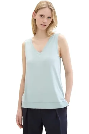 TOM TAILOR Damen Basic Tanktop mit gerippten Details, dusty mint blue, L