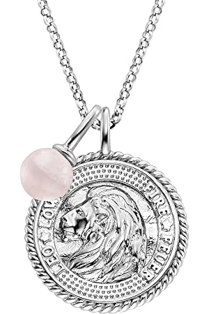 Engelsrufer Damen Halskette aus Sterling und Sternzeichen Löwe Anhänger - besetzt mit 4 Zirkonia Steinen und einem Rosenquarz Stein Anhänger - Länge: 50cm