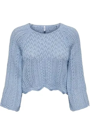 ONLY Damen Eleganter Strickpullover | Cropped 3/4 Arm Shirt | Knitted Pointelle Stretch Sweater ONLNOLA, Farben:Hellblau, Größe:XL