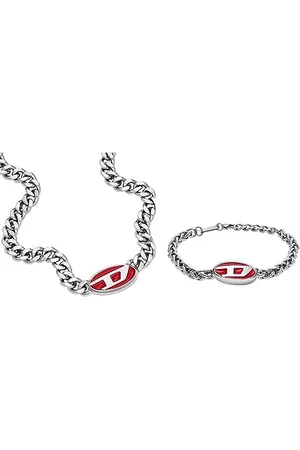 Diesel Herrenkette und Kettenarmband - rote Emaille und Edelstahl