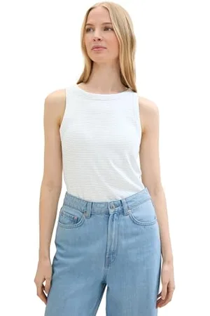 TOM TAILOR Damen Basic Tanktop mit Ripp, offwhite blue stripe, XXXL