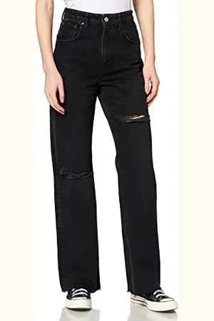İpekyol Womens Size Wide Leg Full Length Ripped Pants Jeans, Black, 36