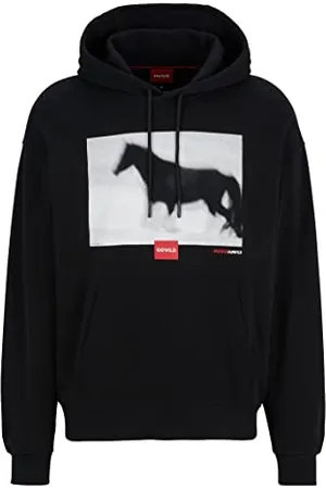 HUGO BOSS Herren Dorse Relaxed-Fit Kapuzenpullover mit Pferde-Print und Logo Schwarz XS