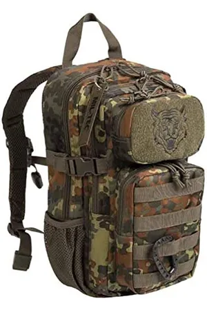 Mil-tec US Assault Pack Kinderrucksack (14l) • Taktischer Rucksack für Schule, Outdoor, Militär, Wandern • 2 große Fächer + 2 Fronttaschen • Verstellbarer Schultergurt + Brustgurt • Farbe: Flecktran