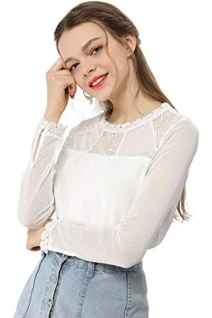 Allegra K Damen Langarm Crew Neck Panel Spitze Blumen Top Bluse M