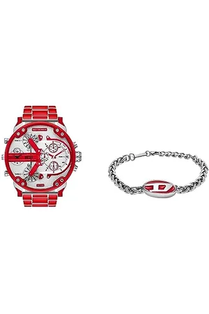 Diesel Herrenuhr Mr Daddy 2.0 und Kettenarmband - Zweihandwerk, rot emailliert, Edelstahl