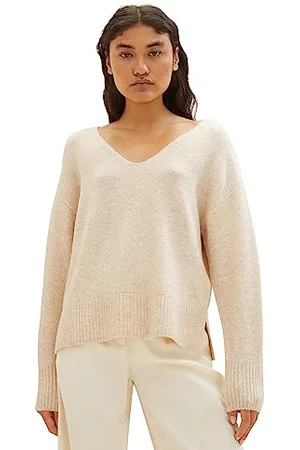 TOM TAILOR Damen 1038392 Basic Pullover mit V-Ausschnitt, 33803-dusty Sand Beige Melange, M