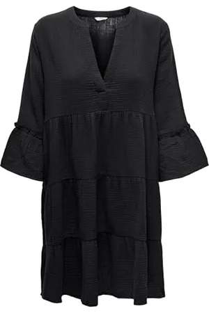 ONLY Damen Kurzes Volant Kleid 3/4 Arm Peplon Knielang Splitneck V-Ausschnitt Knielang ONLTHYRA, Farben:Anthrazit, Größe:XL