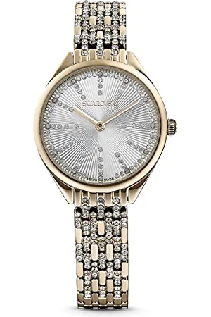 Swarovski Attract Uhr, Edelstahl Damenuhr mit Goldfarbenem Gehäuse, Weißem Zifferblatt, Kristallen und Metallarmband