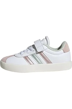 adidas VL Court 3.0 Hook and Loop Shoes Kids Schuhe, FTWR White/Linen Green met./Sandy pink met, 28.5 EU