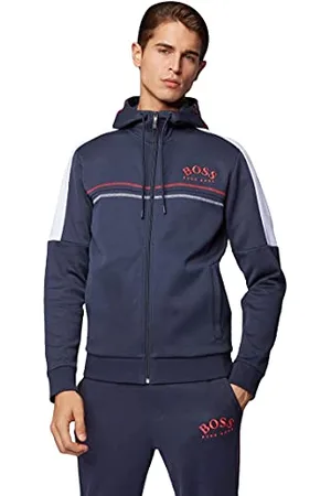 HUGO BOSS Herren Saggy Regular-Fit Sweatjacke mit geschwungenem Logo und Verstellbarer Kapuze, ,L