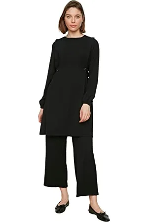Trendyol Damen Women Plain Pearl/Stapled/Stone/Eyelet Detailed Woven Tunic Modest Top-Bottom Sets Hemd, Black, 62 (2er Pack)