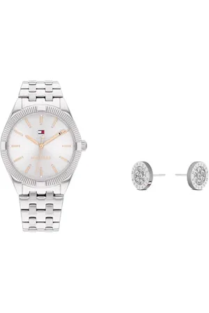 Tommy Hilfiger Analog Quarzuhr für Damen mit Silbernes Edelstahlarmband - 1782548 Jewelry Ohrstecker für Damen aus Edelstahl mit Kristallen - 2780565