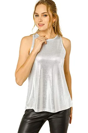 Allegra K Damen-Oberteil, Weihnachten, Kostümparty, glänzend, ärmellos, Camisole, Club, schimmernd, metallisches Tanktop, hell silberfarben, 48