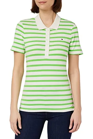 Tommy Hilfiger Damen Poloshirt Kurzarm 1985 Slim Pique Slim Fit, Weiß (Breton Stripes W White/Spring Lime), L